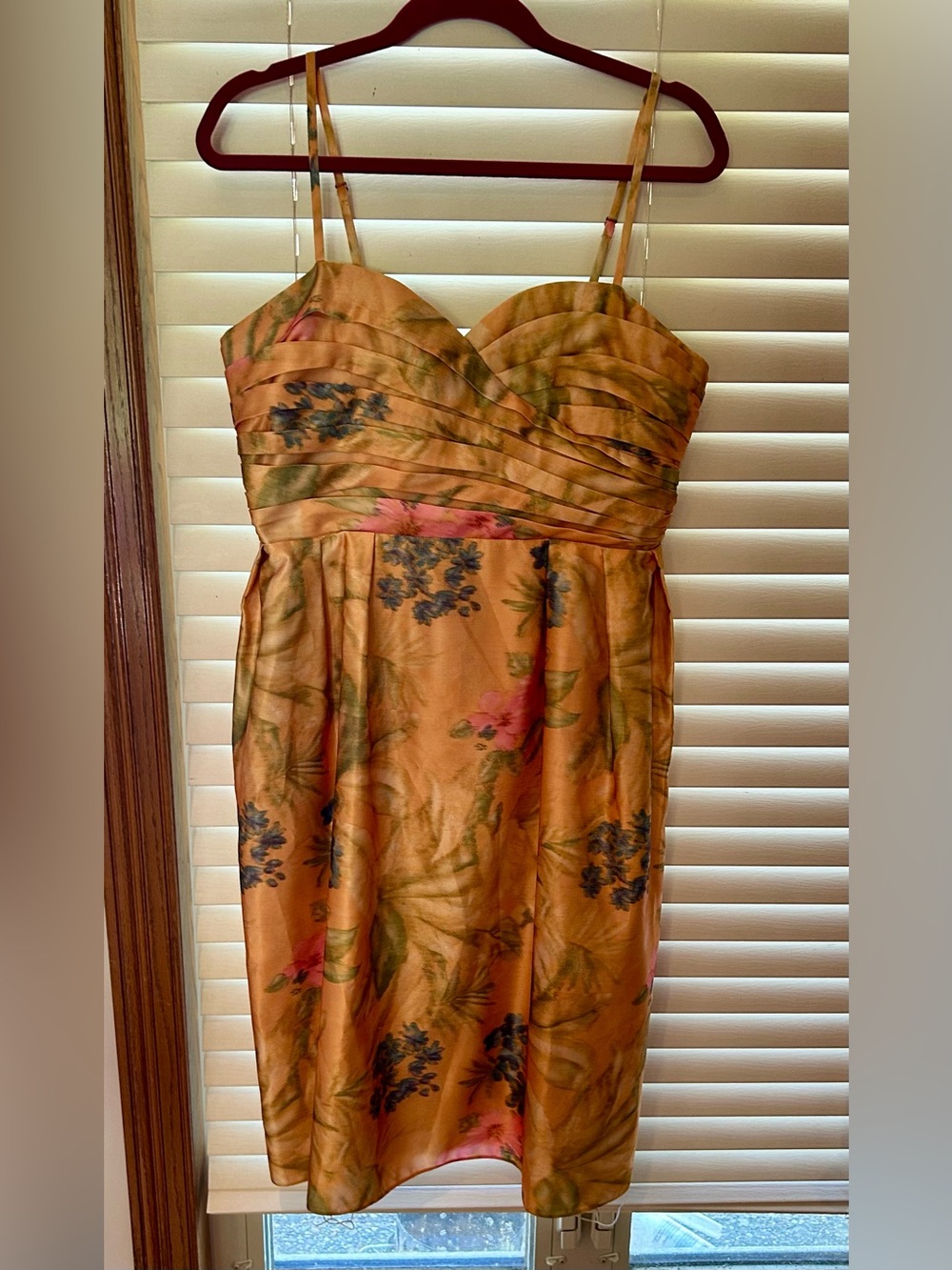 Strapless Floral Satin Dress in Copper Floral